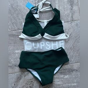 LAST CALL Cupshe Emerald-and-White Colorblock Bikini Top & Bottoms Set NWT